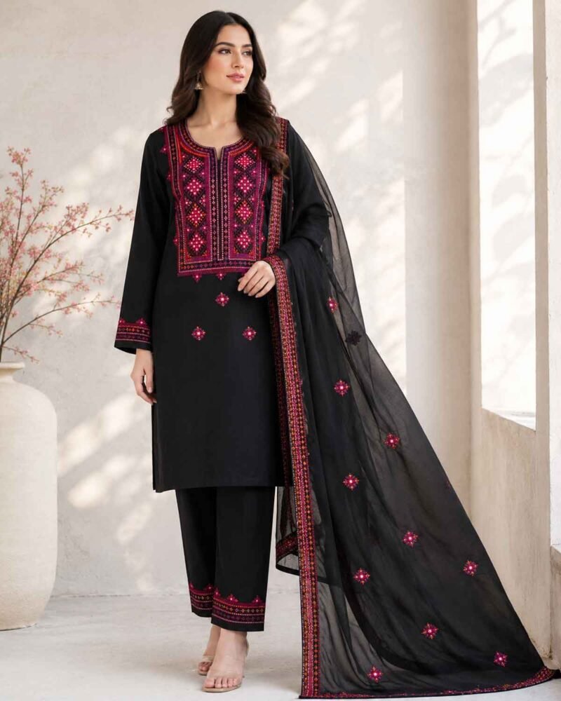 3-Piece Cotton Suit with Needlework & Sheesha Work