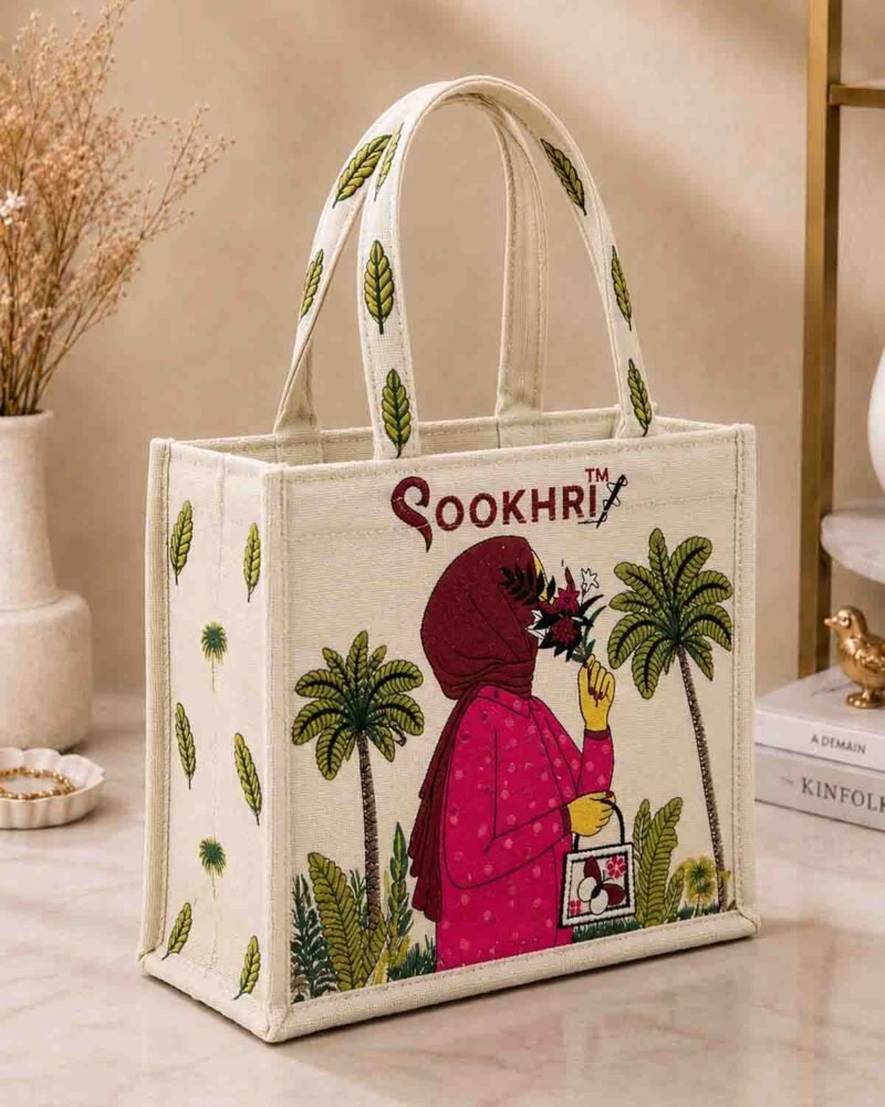 Embroidered Jute Tote Bag with Zipper- Cream