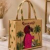 Embroidered Jute Tote Bag with Zipper- Camel