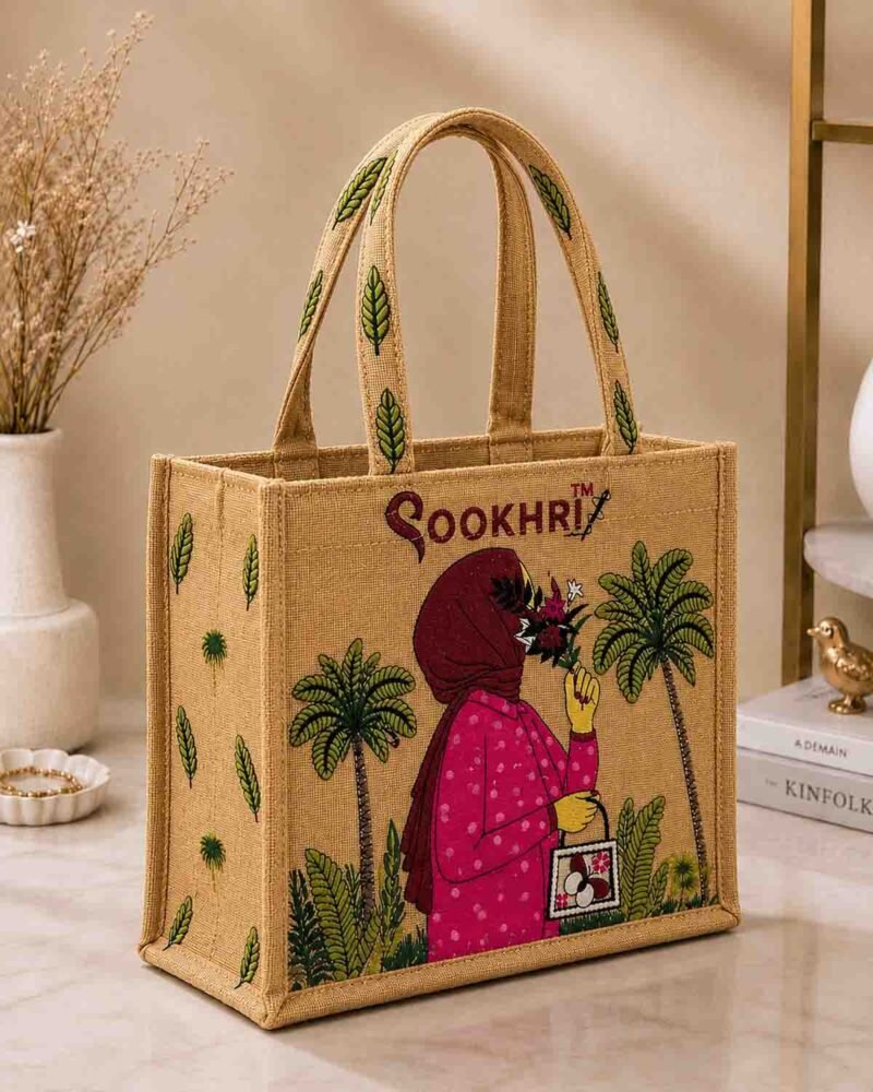 Embroidered Jute Tote Bag with Zipper- Camel