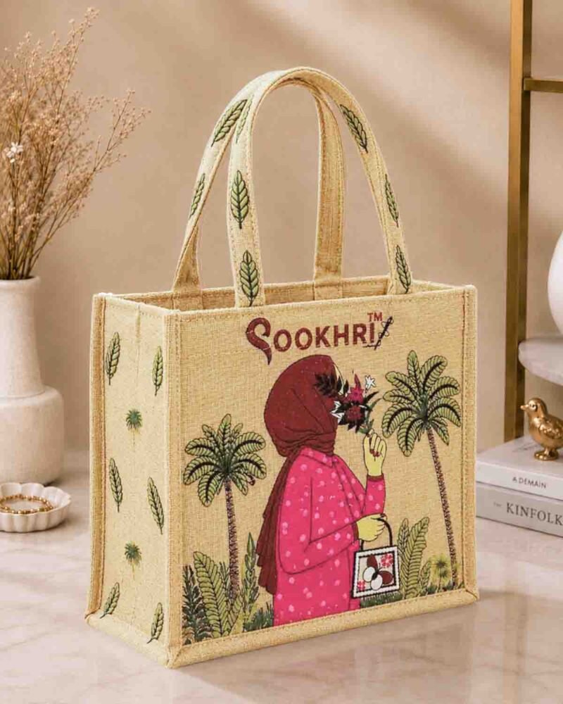 Embroidered Jute Tote Bag with Zipper- Half White