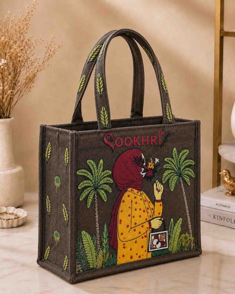 Embroidered Jute Tote Bag with Zipper- Dark Brown
