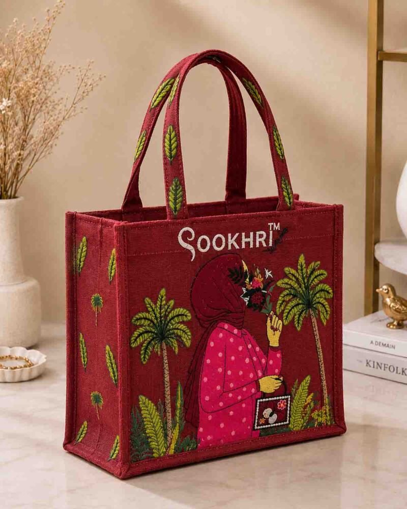 Embroidered Jute Tote Bag with Zipper- Maroon