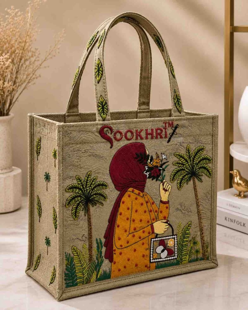 Embroidered Jute Tote Bag with Zipper- Olive Grey