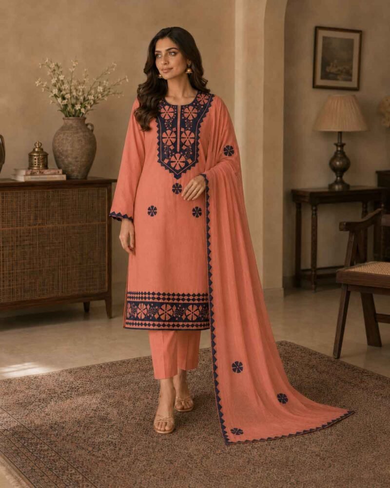 Appliqué Work Cotton 3-Piece Suit