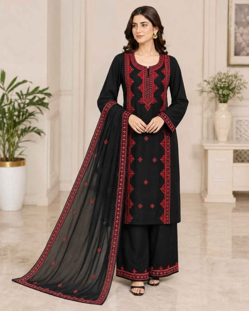Black & Red Embroidered 3-Piece Suit