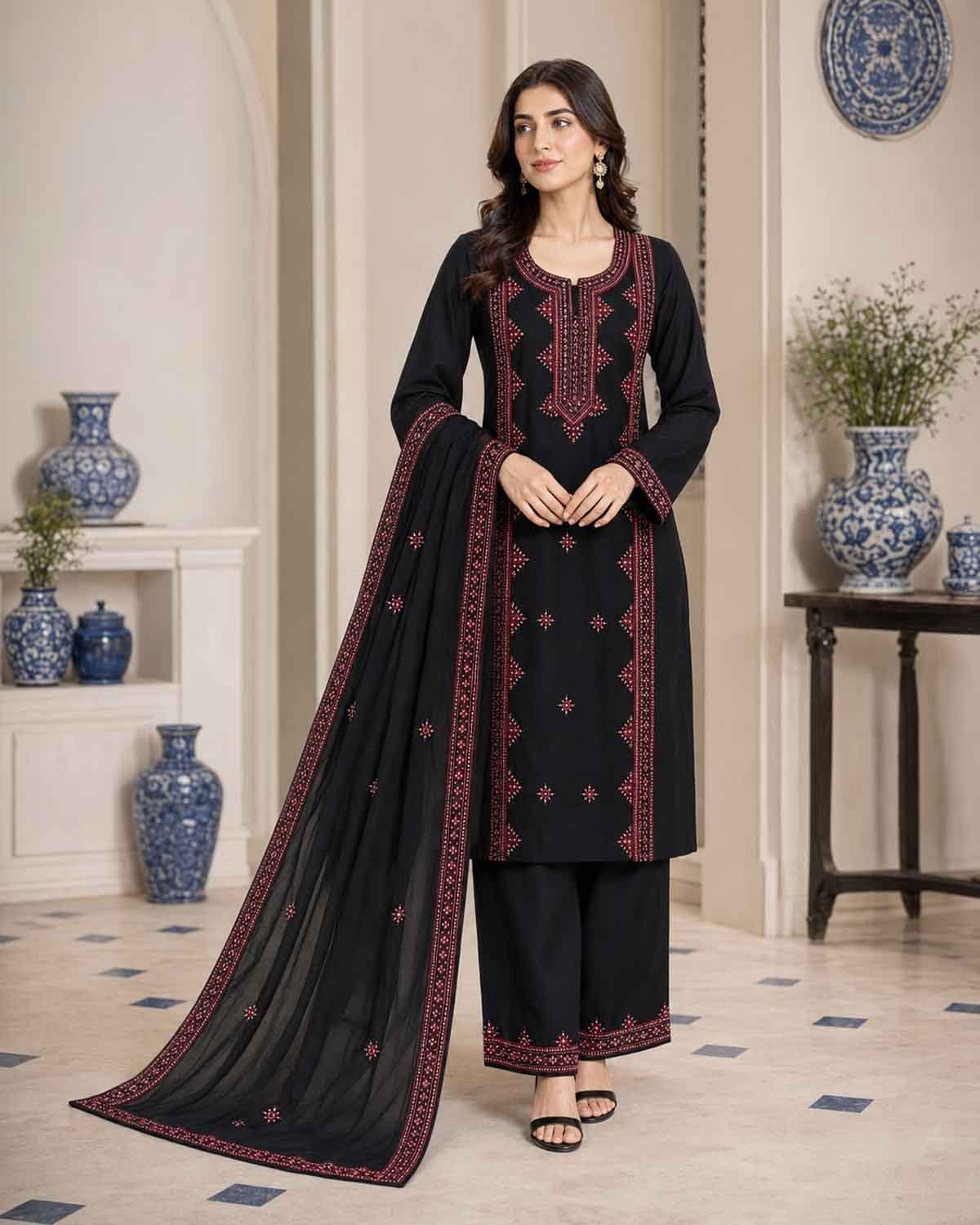 Black & Maroon Embroidered 3-Piece Suit