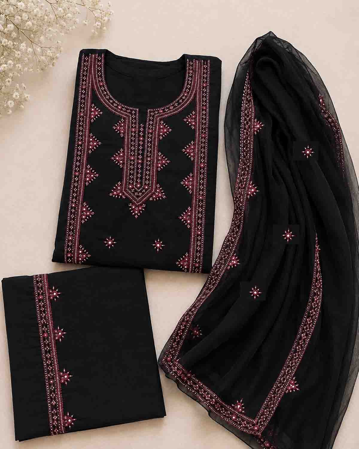Black & Maroon Embroidered 3-Piece Suit - Image 2