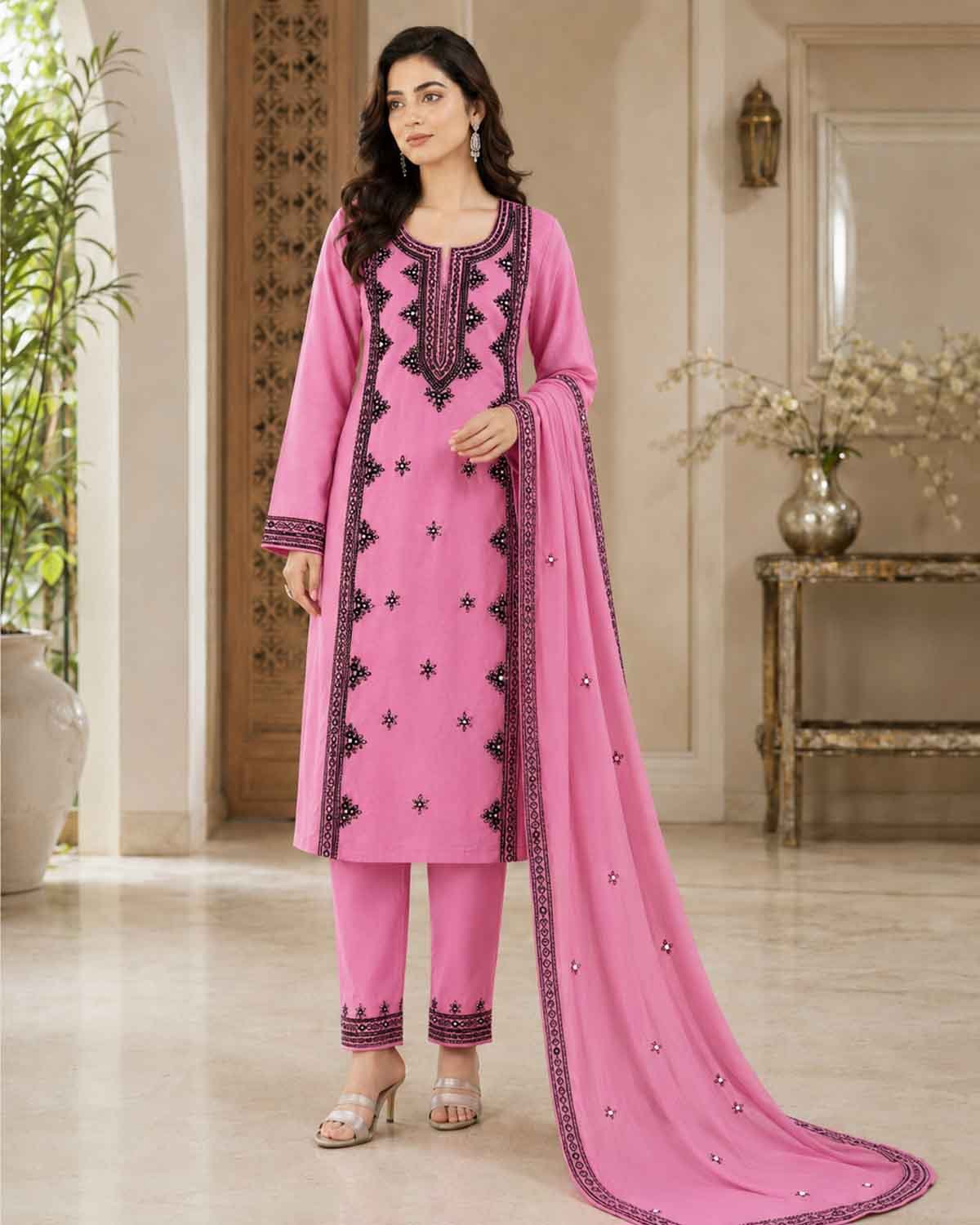 Pink Embroidered 3-Piece Suit